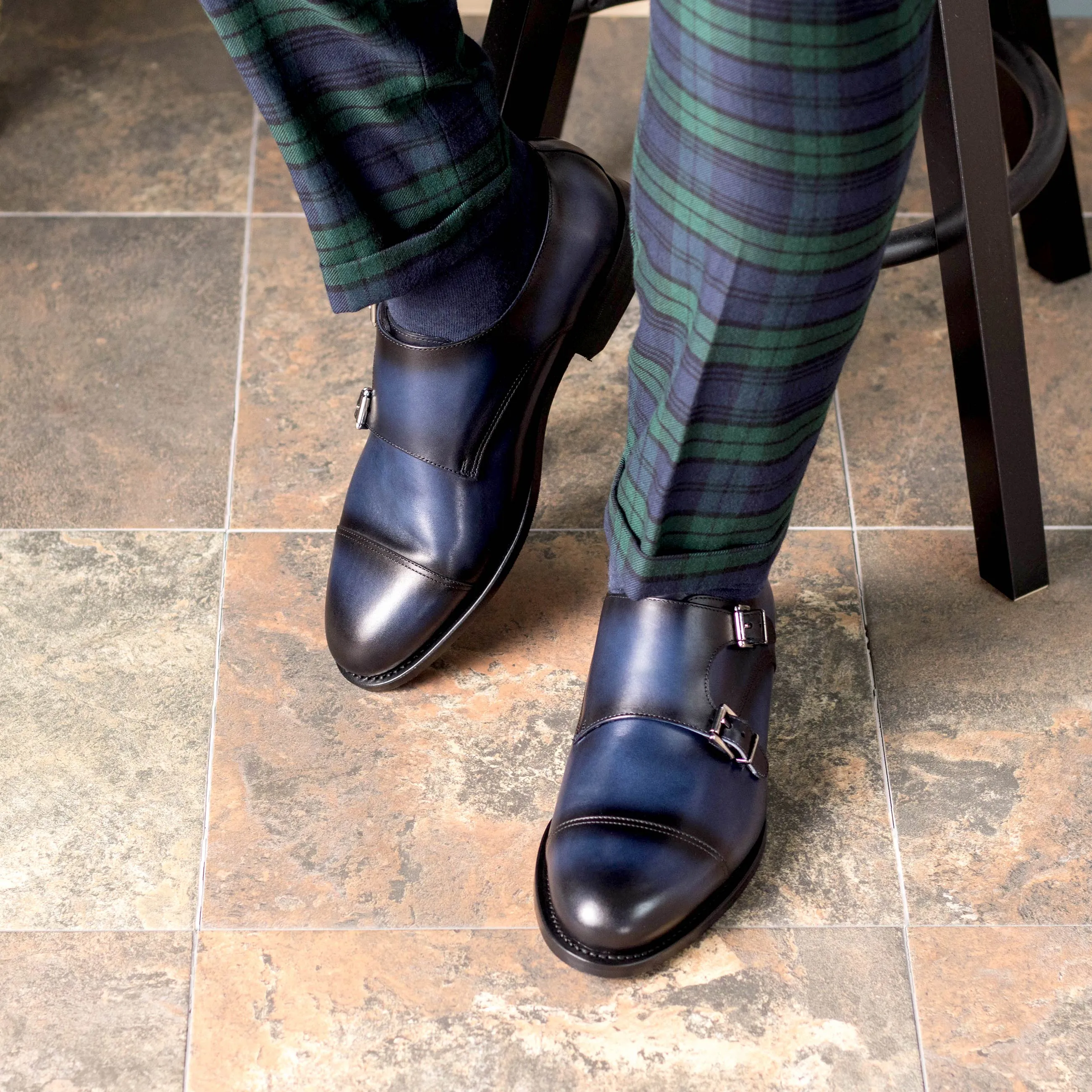 Navy Blue Double Monk Shoes