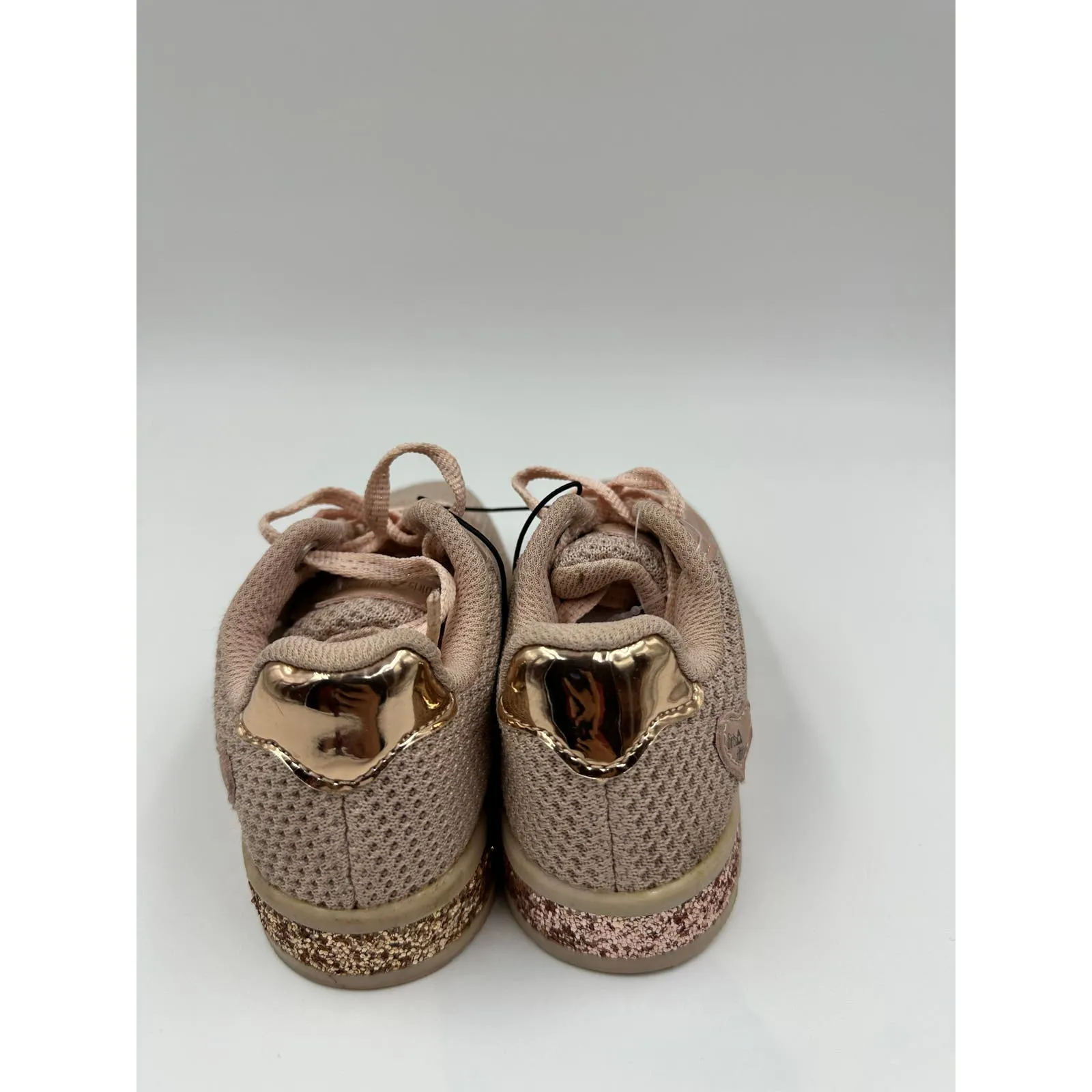 Small Kid Size 8, Pink Fashion Sneakers with Rose Gold Reflective Trim & Cat Patch