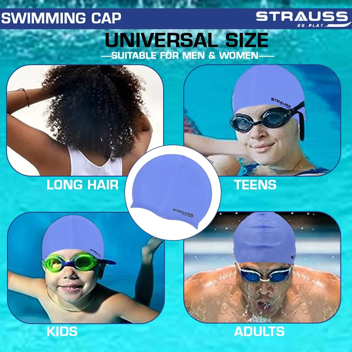 Strauss Swimming Cap | Keeps Hair Clean with Ear Protector | Suitable for Long and Short Hair | Swimming Head Cap with Breathable Fabric | Waterproof Swim Cap for Adult, Woman and Men,(Blue)