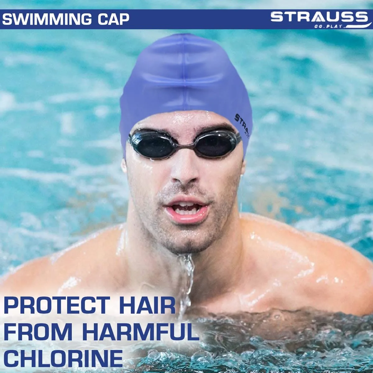 Strauss Swimming Cap | Keeps Hair Clean with Ear Protector | Suitable for Long and Short Hair | Swimming Head Cap with Breathable Fabric | Waterproof Swim Cap for Adult, Woman and Men,(Blue)