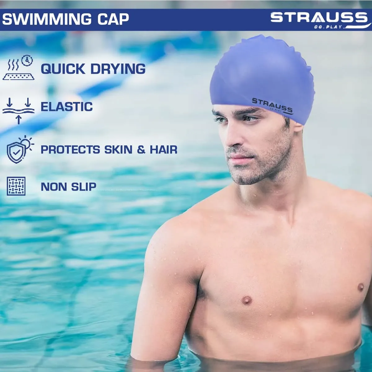 Strauss Swimming Cap | Keeps Hair Clean with Ear Protector | Suitable for Long and Short Hair | Swimming Head Cap with Breathable Fabric | Waterproof Swim Cap for Adult, Woman and Men,(Blue)