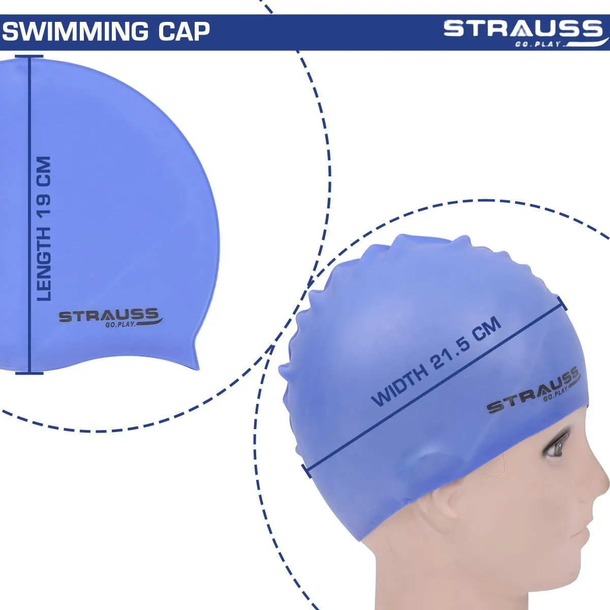 Strauss Swimming Cap | Keeps Hair Clean with Ear Protector | Suitable for Long and Short Hair | Swimming Head Cap with Breathable Fabric | Waterproof Swim Cap for Adult, Woman and Men,(Blue)