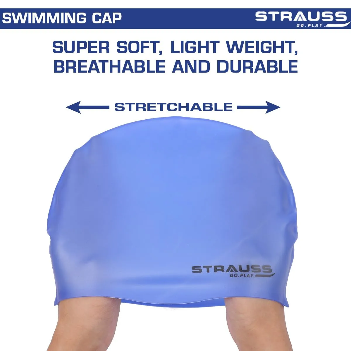Strauss Swimming Cap | Keeps Hair Clean with Ear Protector | Suitable for Long and Short Hair | Swimming Head Cap with Breathable Fabric | Waterproof Swim Cap for Adult, Woman and Men,(Blue)
